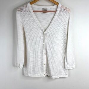 LL Bean Cardigan Sweater M White Crochet Linen Cotton Cottage Classic Button